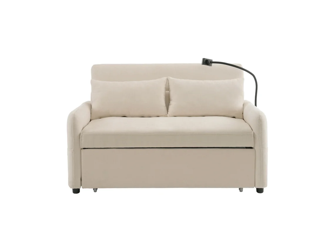 Sofá convertible de 2 plazas Mobrio, ajustable en varios ángulos, de chenilla, con soporte para móvil y puertos USB, color beige