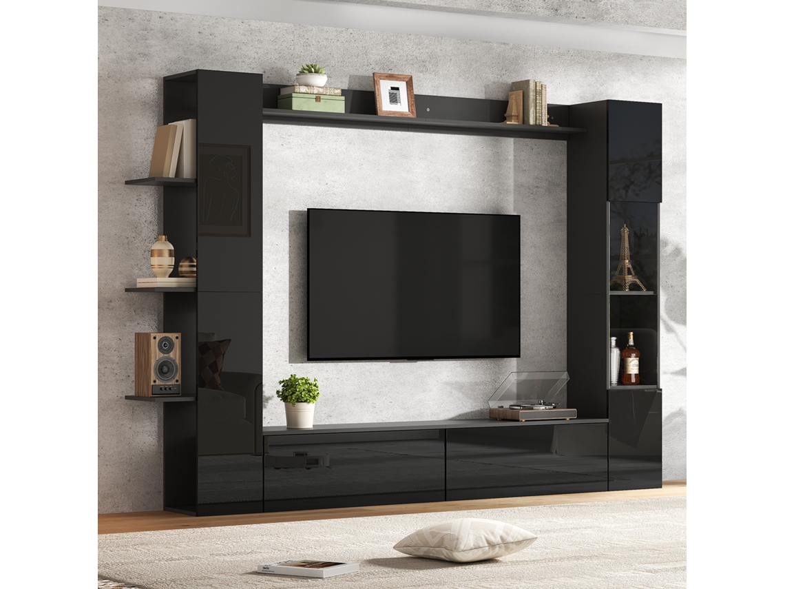 Conjunto Sala Modular 4 Peças - Compacto Com Vitrina E Grande Arrumação - Preto