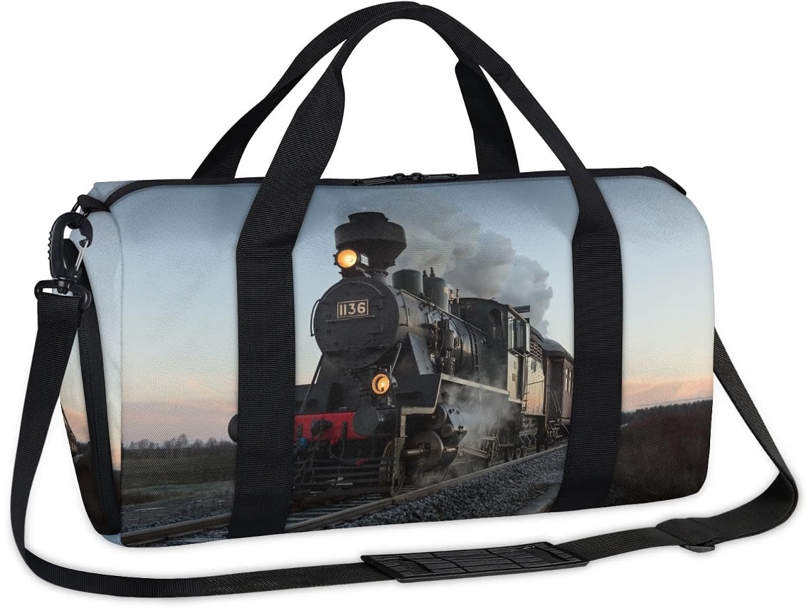 Bolso de marca con diseño de tren de vapor, 45x21x23cm, tejido de poliéster.