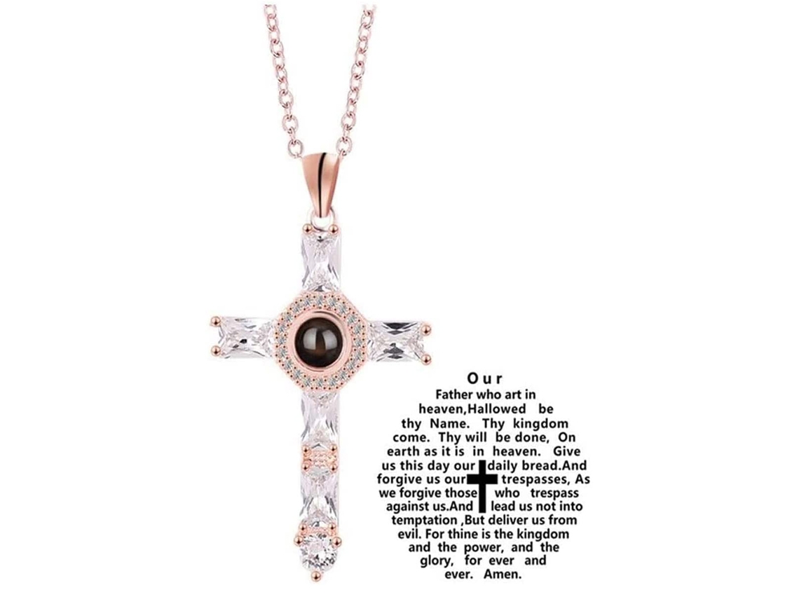 Collar Con Cruz Que Proyecta El Padre Nuestro Y Cristal Con Piedra Secreta. Regalo Religioso.
