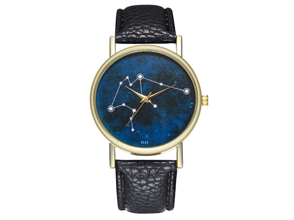 Reloj De Pulsera Unisex Negro De Cuarzo Con Correa De Cuero Y Esfera Con Diseño De Cielo Estrellado.