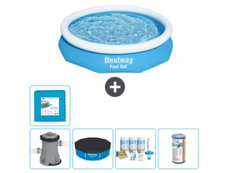 Piscina hinchable redonda Fast Set BESTWAY - 305 x 66 cm - Azul - Bomba incluida Cubrir - Paquete de mantenimiento - Filtrar - Baldosas