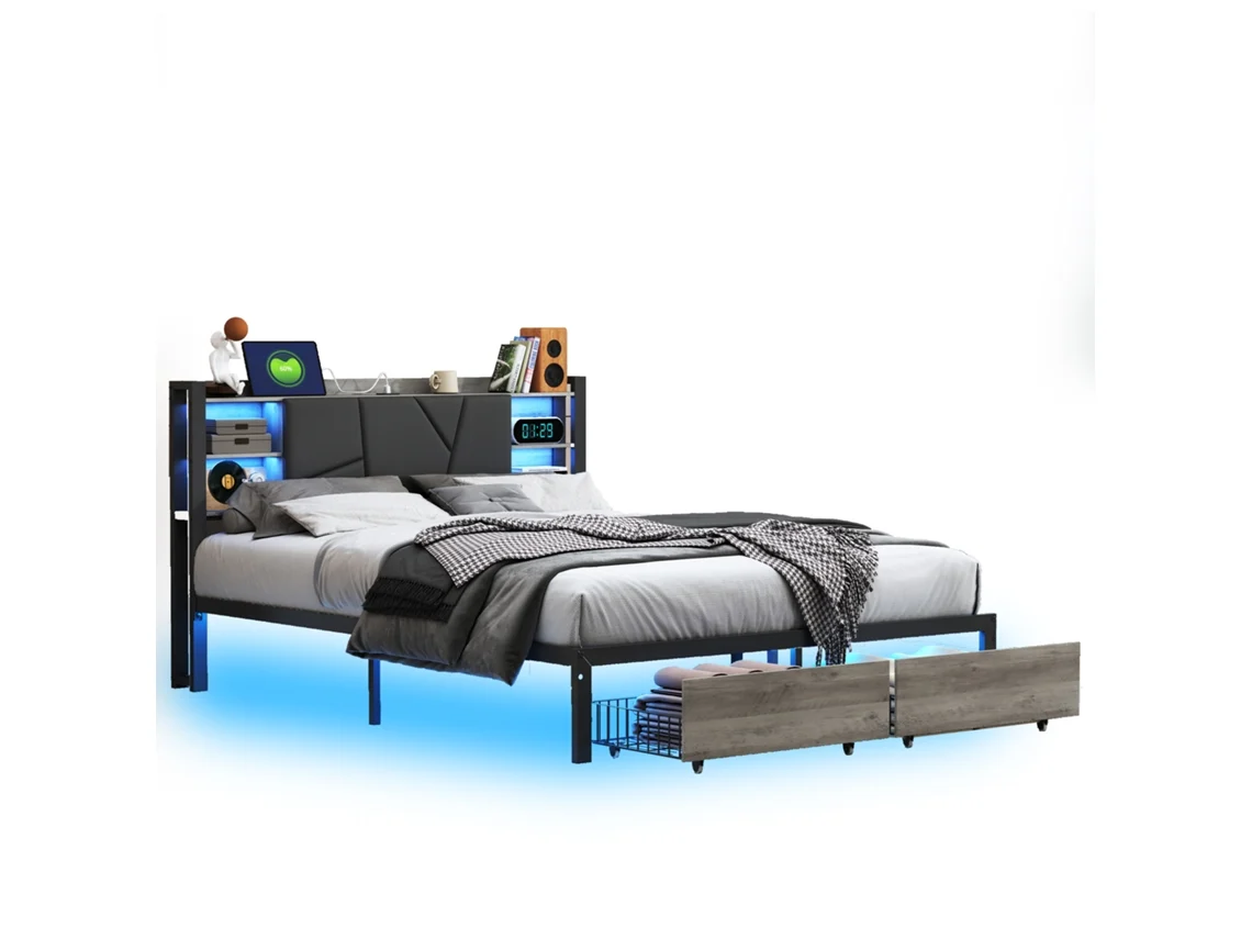 Cama de Hierro y Madera de 140x200 cm con Iluminación LED, Puerto USB, 2 Cajones, Cabecero Iluminado - Cama Moderna, Funcional y Elegante