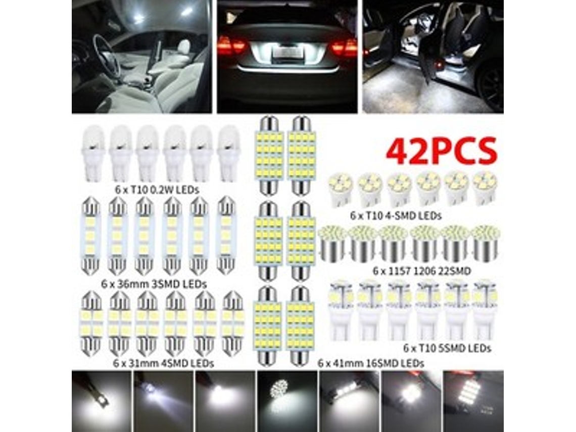 42 bombillas LED blancas Zeuxo para interior de coche, mapa, maletero y matrícula.