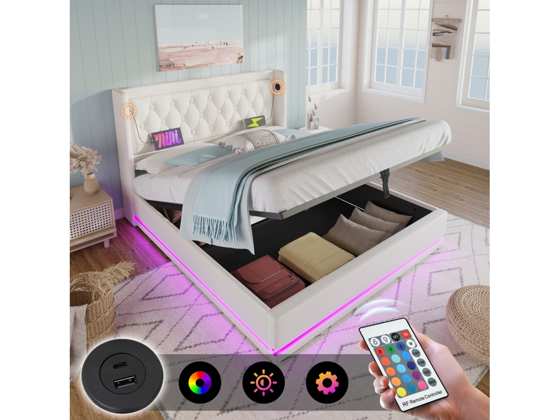 Cama Doble De 180x200 Cm, Hidráulica, Usb-c, Led, 3 Lados, Color Blanco Pu.