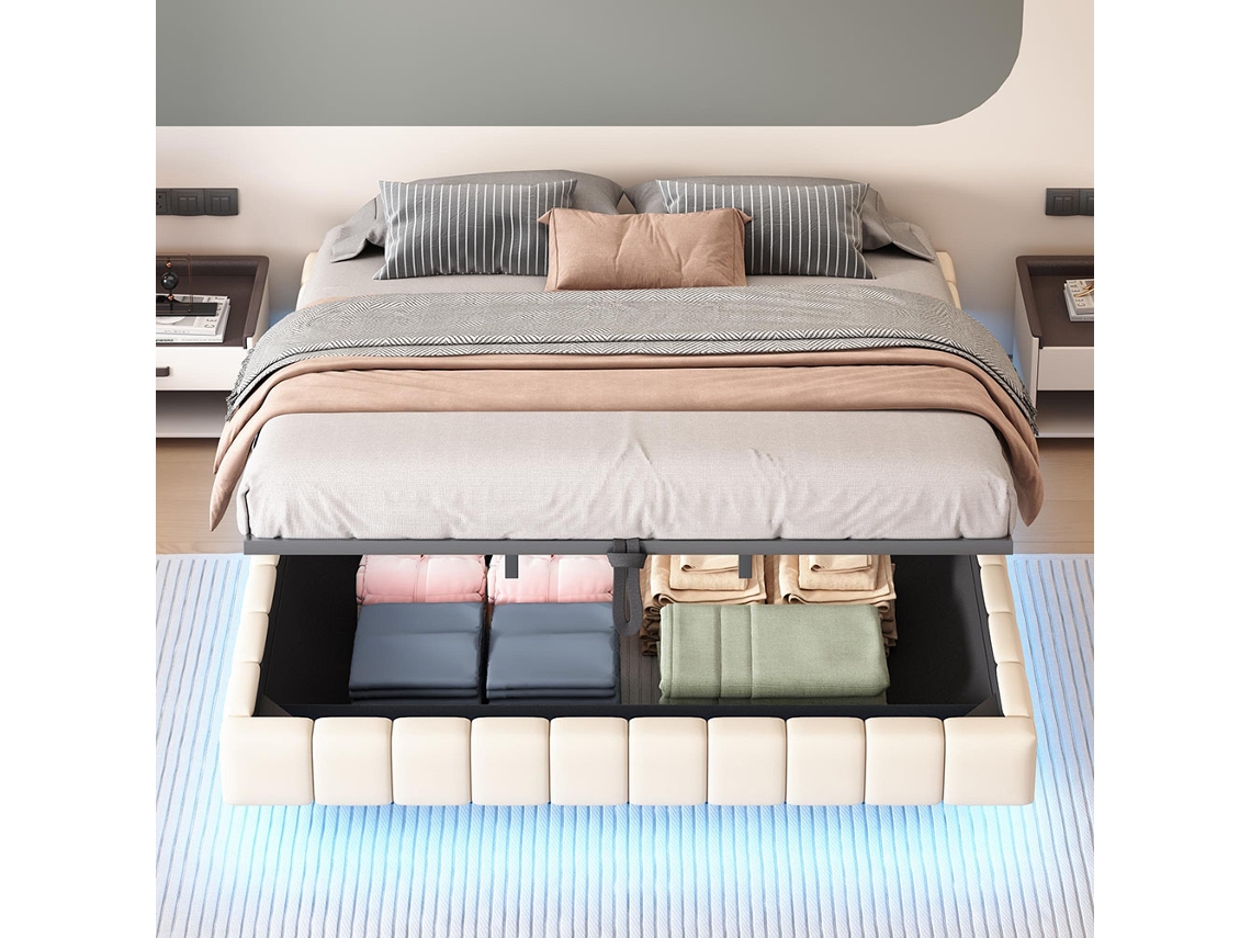 Cama tapizada de 180 x 200 cm, estructura flotante hidráulica, sin cabecero, color beige