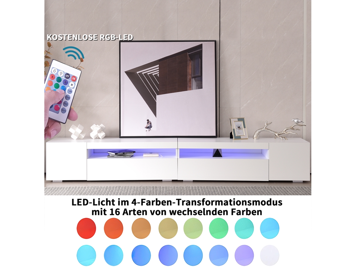 Mueble de TV de 240 cm con panel luminoso e iluminación LED variable, elegante diseño Mobrio blanco