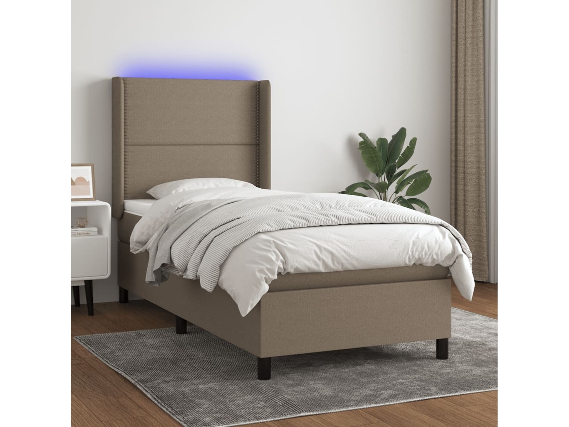 Cama Box Spring Colchón Y Luces Led Tela Gris Taupe 90x190 Cm