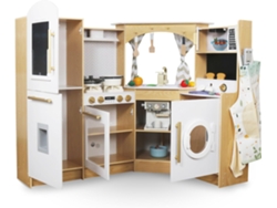 Cocina Infantil de Madera Estufa Interactiva Iluminación Led Cafetera y Accesorios Utensilios de Cocina para Verduras y Frutas Tren 50 Piezas MAMABRUM