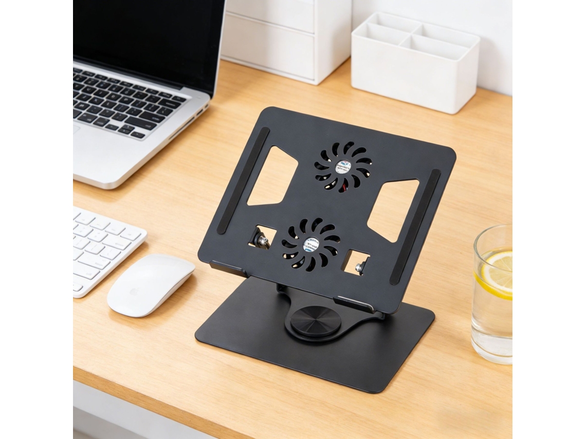 Soporte para portátil con ventilador disipador de calor metálico giratorio de 360°.