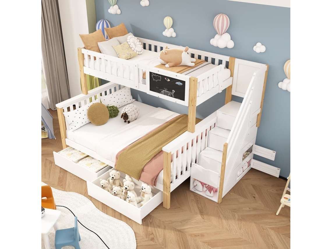 Cama Litera Infantil 90x200+140x200 - Multifuncional Con Pizarra Y Cajones - Blanco + Roble Claro