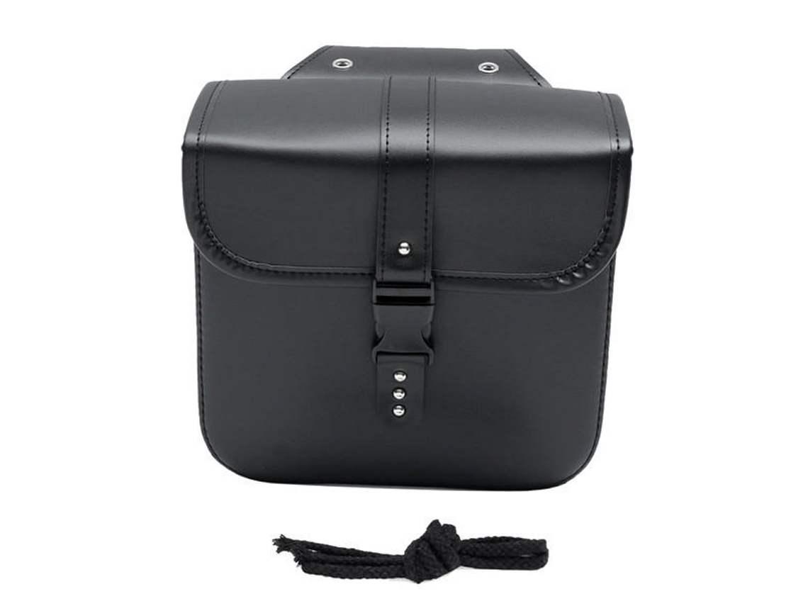 Un par de alforjas para motocicleta, una bolsa lateral para herramientas y una horquilla.
