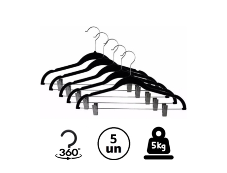 Percha Antideslizante Delgada De Terciopelo Con Pinzas Para Ropa Pack 5 Unidades Negro 42Cm GLOBALMIX