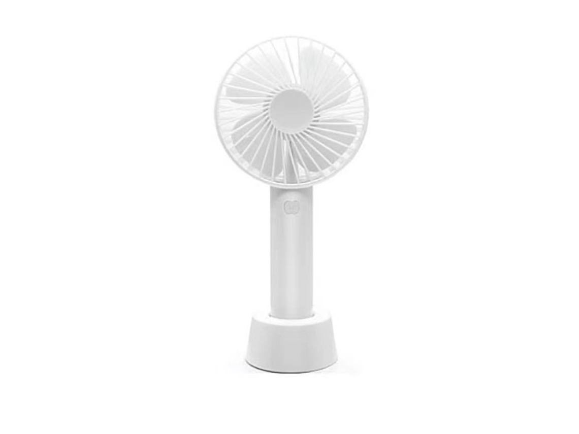 Ventilador portátil de mano Danu, blanco, USB, 3 velocidades, batería de 1200 mAh, base desmontable, ligero para viajes y hogar.