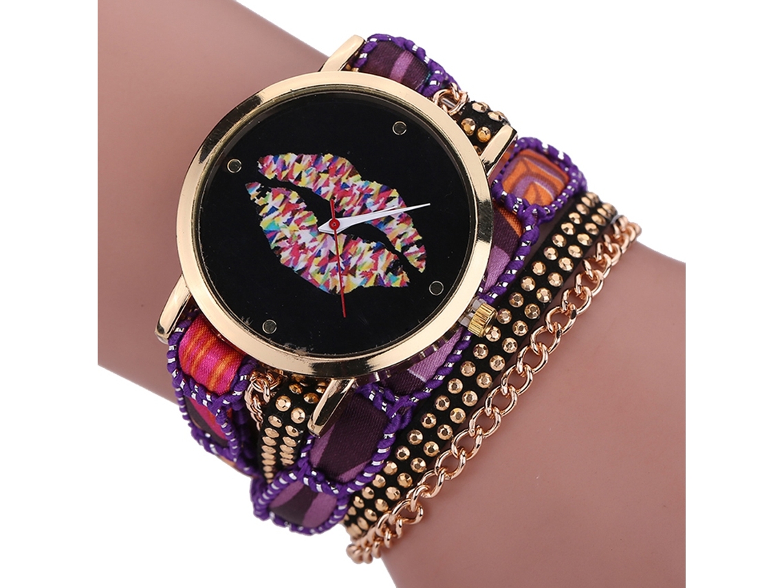 Reloj De Pulsera Para Mujer Con Correa Multicapa, Estilo Étnico, Esfera Con Diseño De Labios, Negro Y Morado.