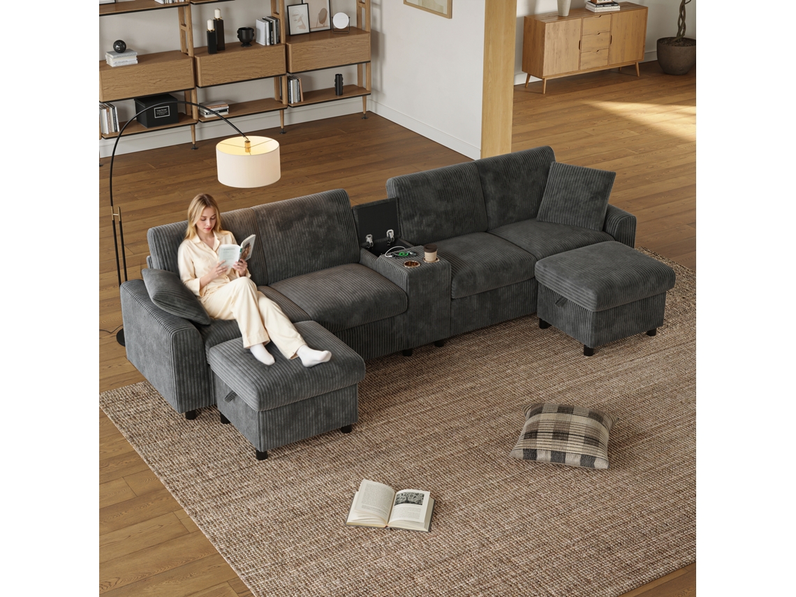 Sofá U-forma 315x81x135 Cm - 2 Puffos Almacenamiento, Mesa, 2 Portavasos - Gris