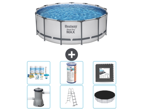 Piscina BESTWAY Round Steel Pro MAX - 396 x 122 cm - Gris - Bomba incluida - Escalera - Cobertor Paquete de mantenimiento - Filtrar - Baldosas