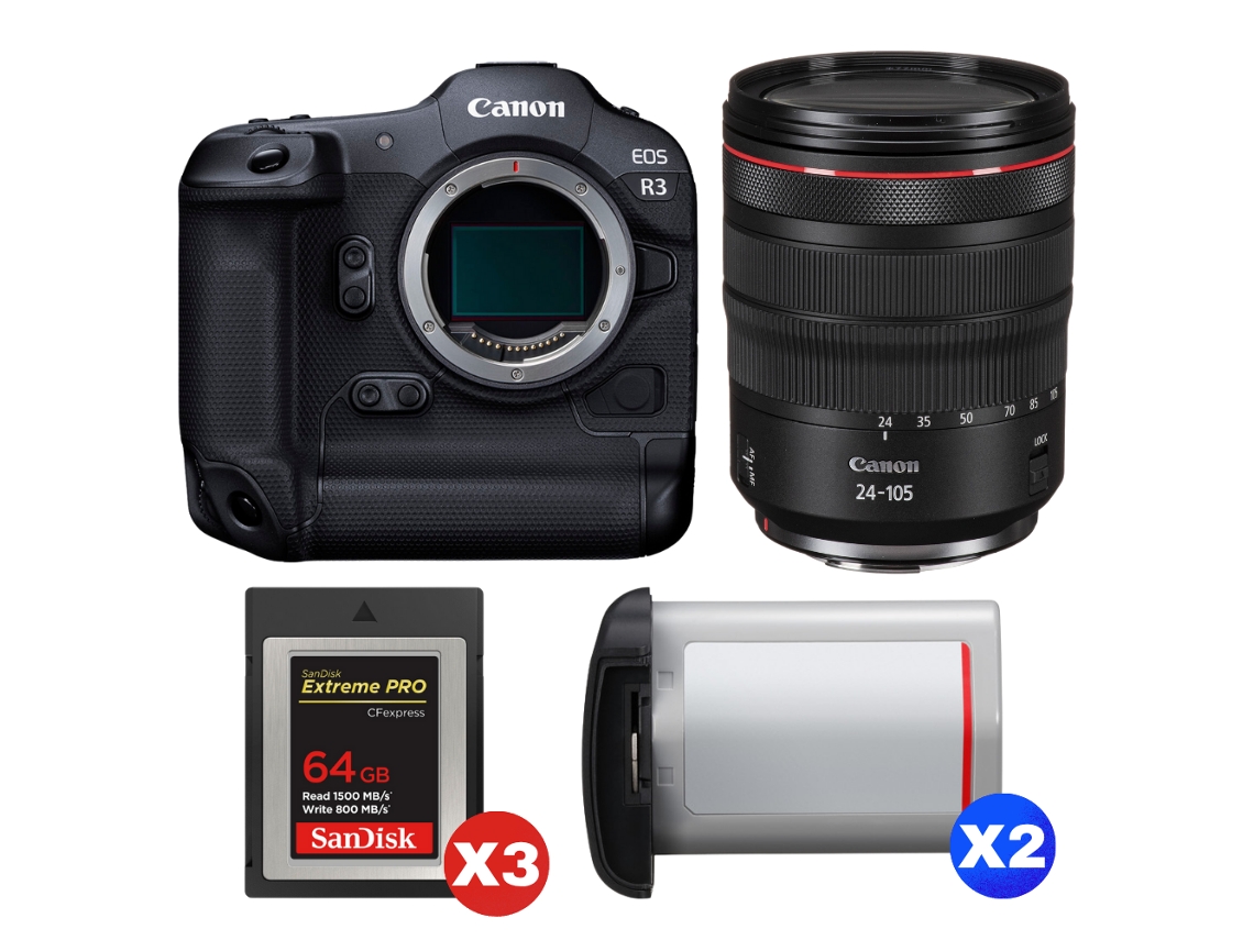 Canon Eos R3 + Rf 24-105mm F/4 L Is Usm + 3 Sandisk 64gb Extreme Pro Cfexpress Type B + 2 Canon Lp-e19 + Ebook “20 Consejos Para Fotos Que Impactan”