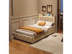 Cama Individual Tapizada Felpuda Beige 90x200cm Con Almacenamiento Y Cajones,cabecero Con Usb-c Y Led, Estilo Moderno Minimalista De Tela Para Adultos