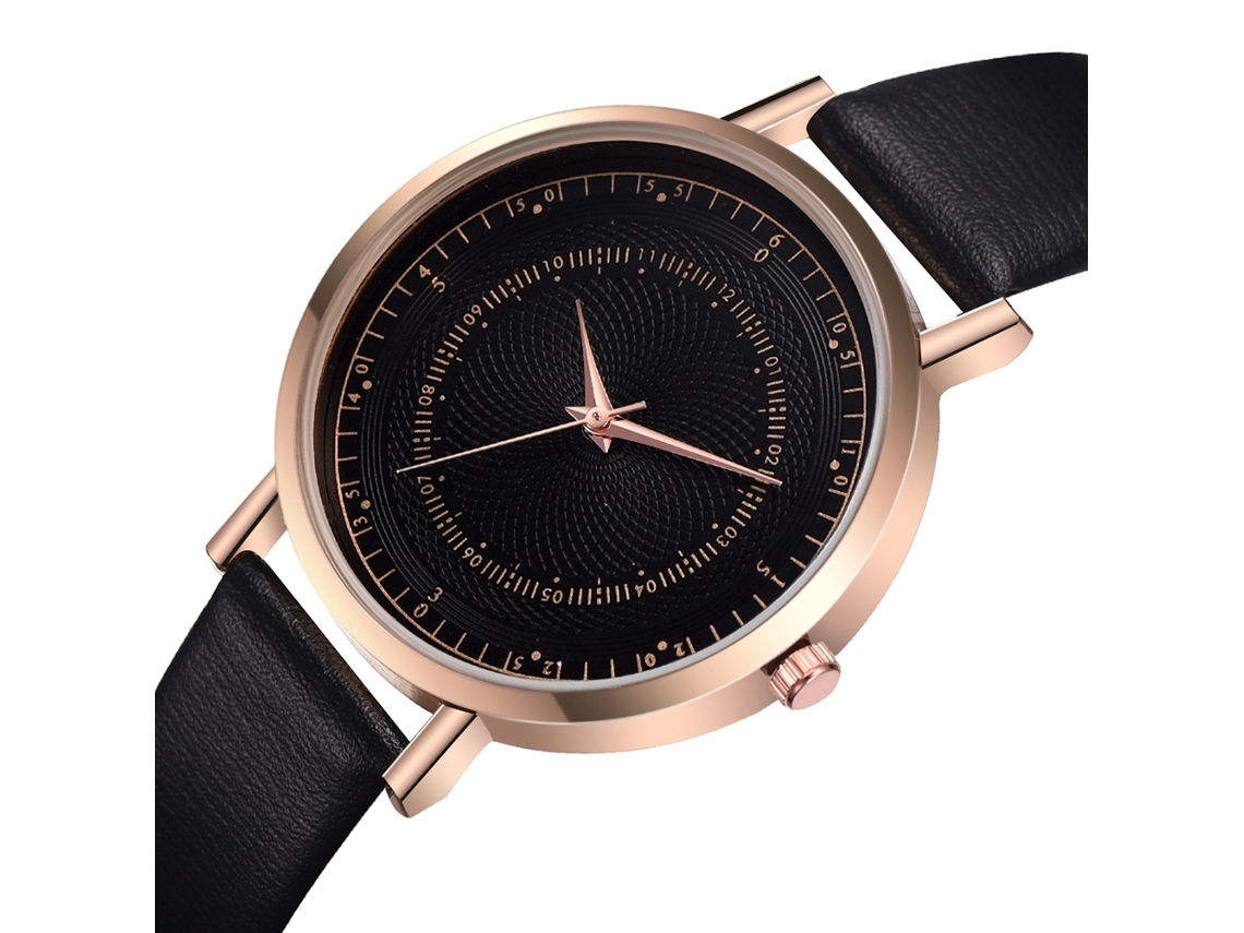 Reloj De Pulsera Redondo De Cuarzo Informal Y A La Moda Con Correa De Pu Negra Y Oro Rosa.