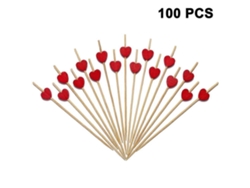 Palillos de cóctel para aperitivos, palillos de cóctel de bambú con elegante diseño de corazón rojo, palillos de dientes decorativos para