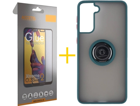 Carcasa y Protector de Pantalla de Vidrio Full Samsung S21 Plus ACCETEL Gel Bumper Ring Verde