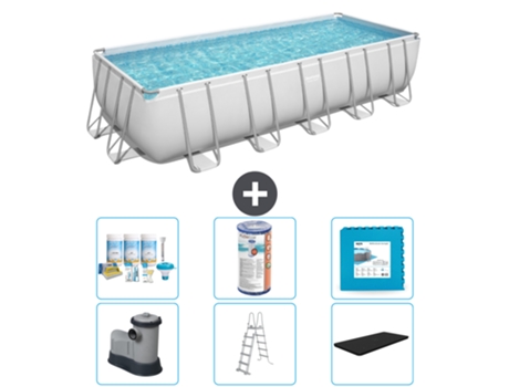 Piscina BESTWAY Rectangular Power Steel - 640 x 274 x 132 - Gris - Incluida bomba - Escalera - Cobertor Paquete de mantenimiento - Filtrar - Baldosas