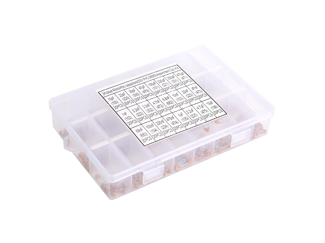 Kit De Capacitores Cerâmicos Monolíticos 480 Peças 24 Valores 10pf‑10uf Acessório Para Computador