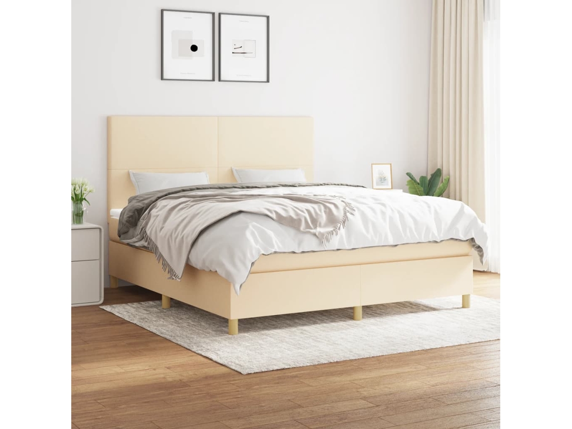 Cama Box Spring Con Colchón Tela Color Crema 160x200 Cm