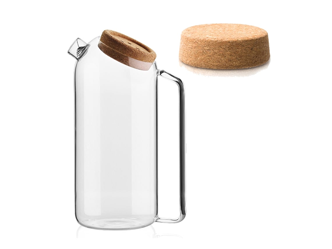 Tetera de vidrio con tapa de corcho, de alta capacidad y resistente a altas temperaturas, ideal para jugos, té helado y bebidas caseras.