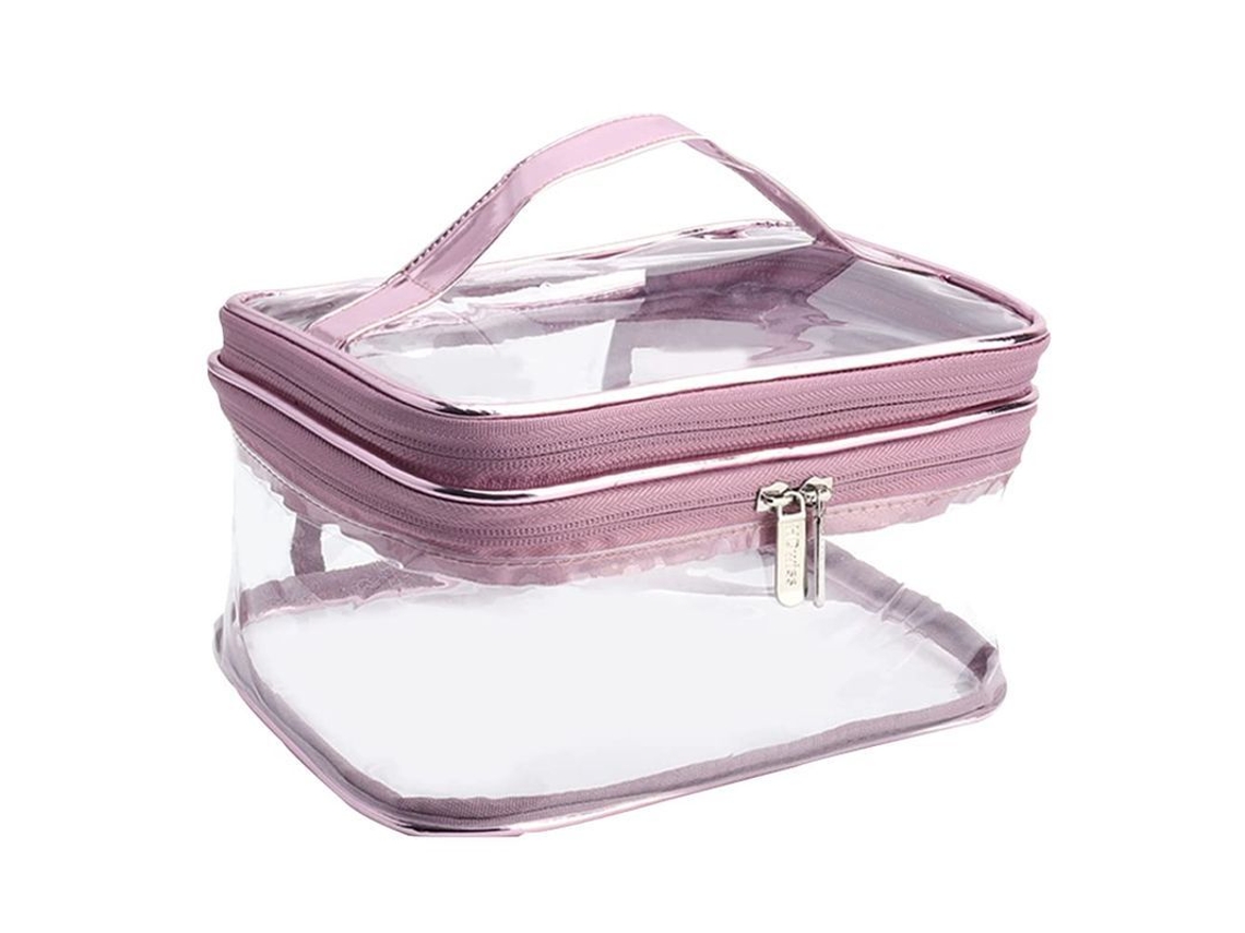 2026-bolsa De Maquillaje Transparente Impermeable De Doble Capa Grande Con Asa Y Cremallera Rosa