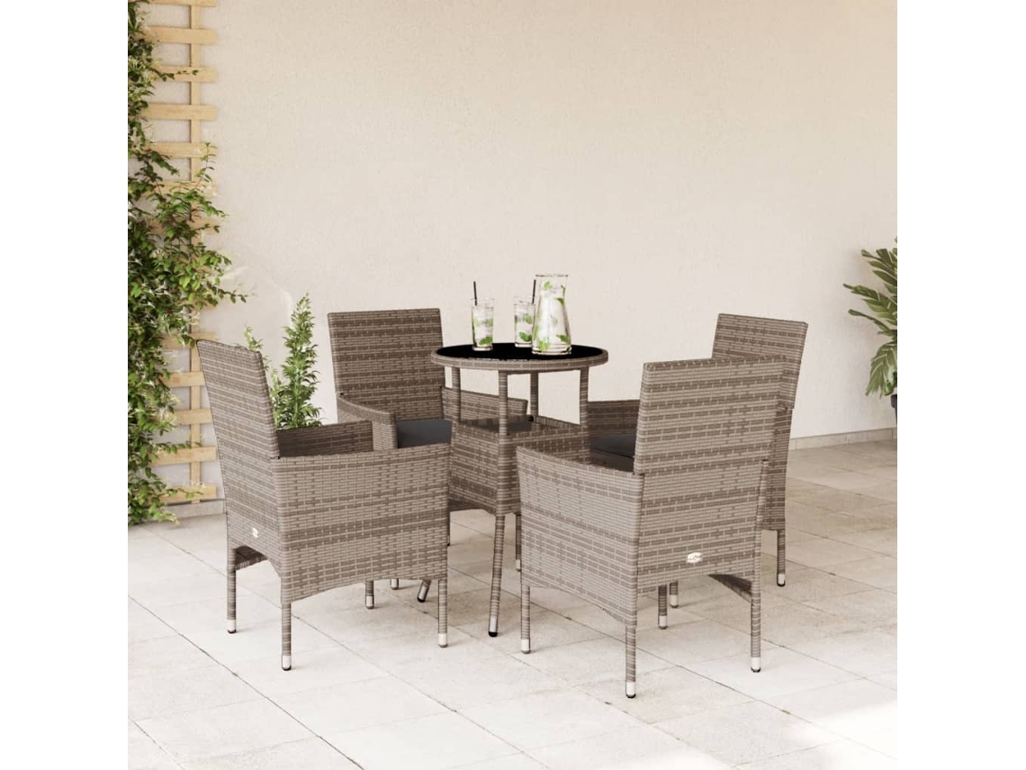 Juego de comedor de jardín de 5 piezas con cojines de mimbre gris de polietileno y vidrio, DKD Home Decor