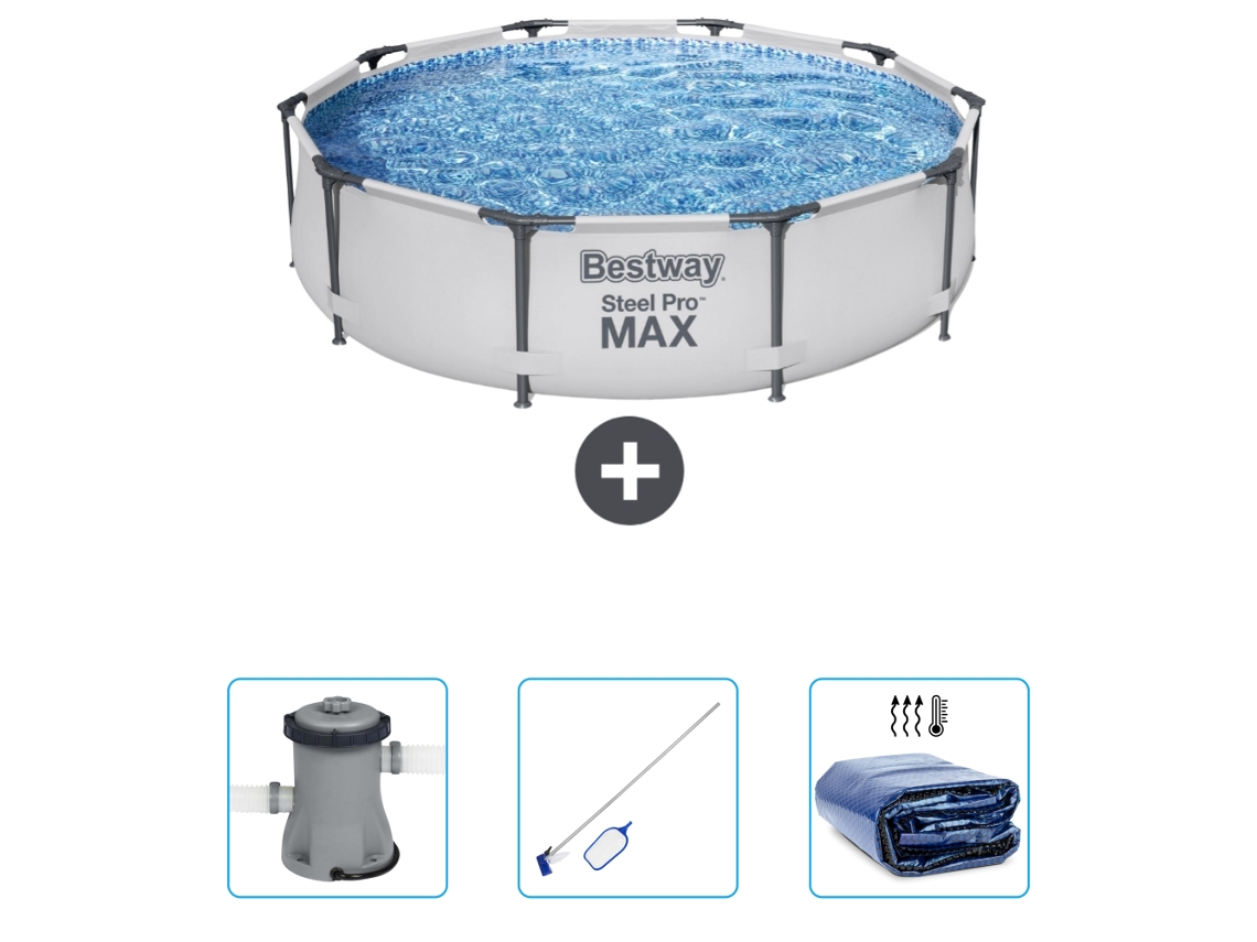Piscina BESTWAY Round Steel Pro MAX - 305 x 76 cm - Gris - Incluida Bomba - kit de limpieza - Vela solar