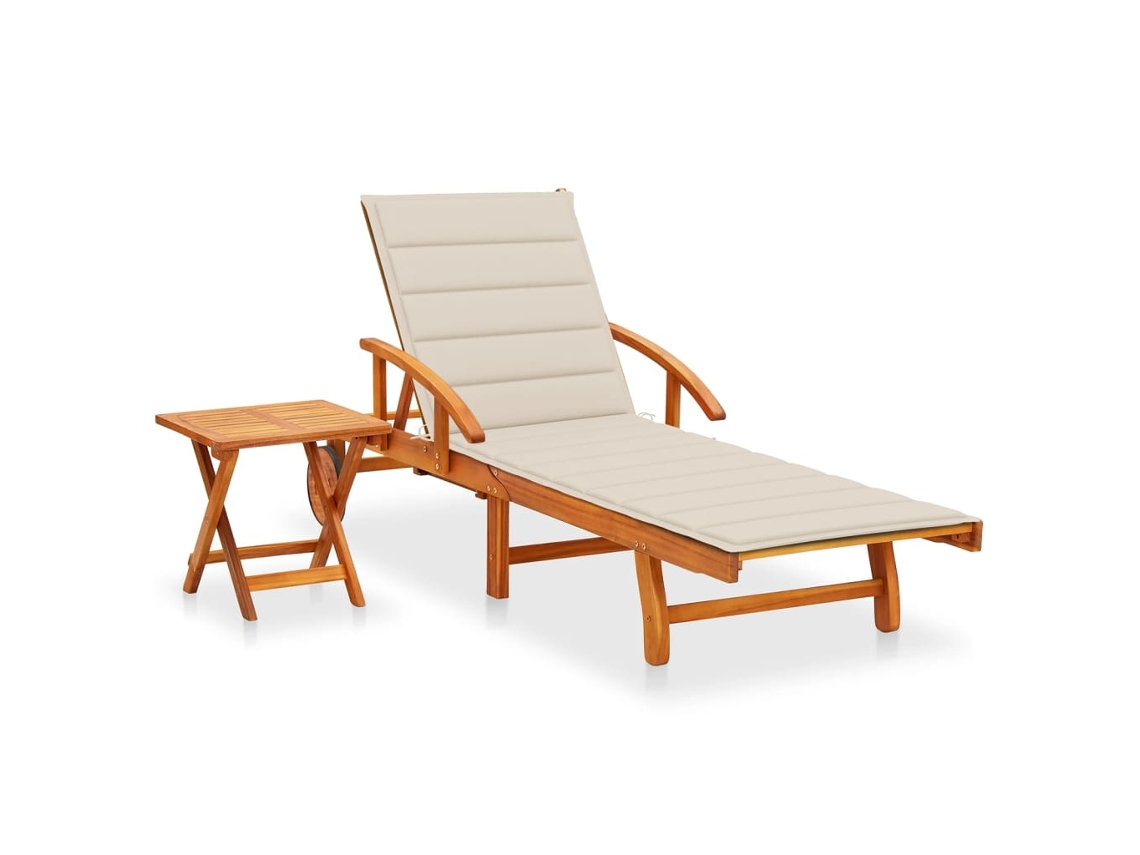 Preciosa tumbona de jardín con mesa y cojín de madera maciza de acacia