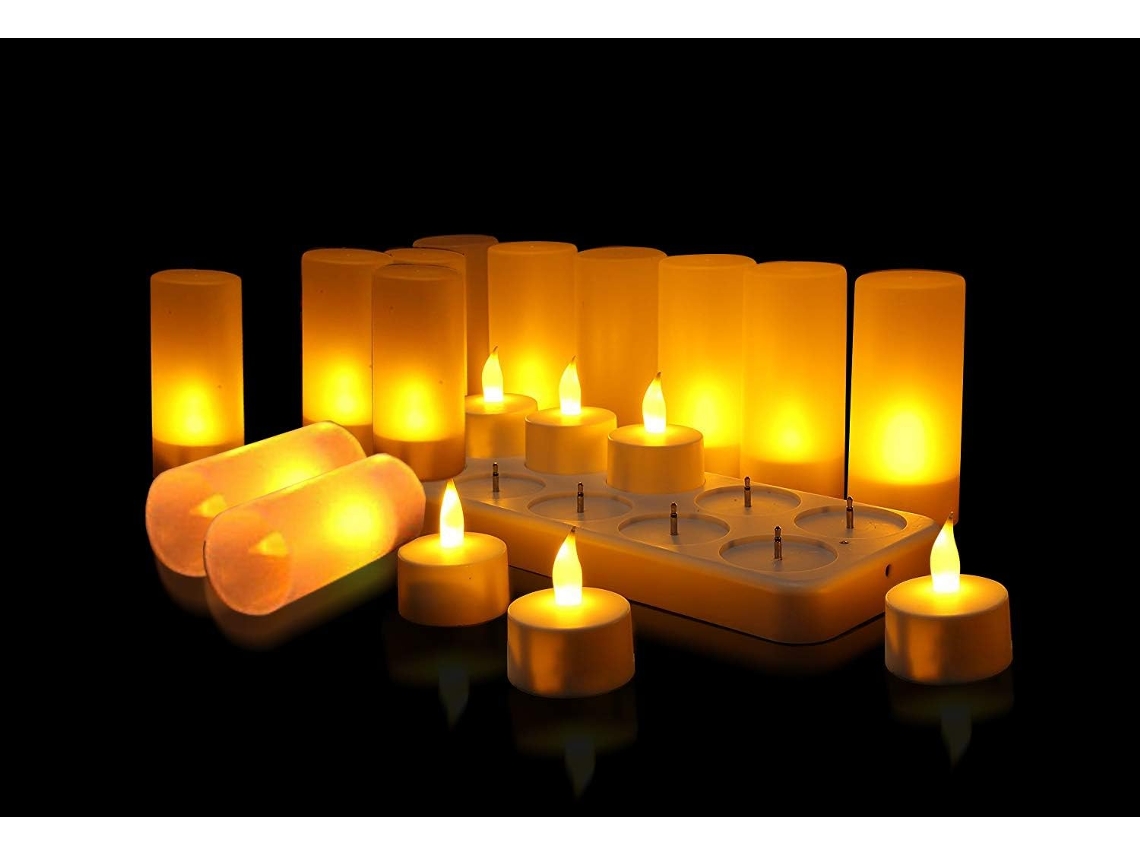 Juego De 12 Velas Led Recargables, Velas Led Eléctricas Con Llama Intermitente Y Base De Carga Decorativa (amarillas)