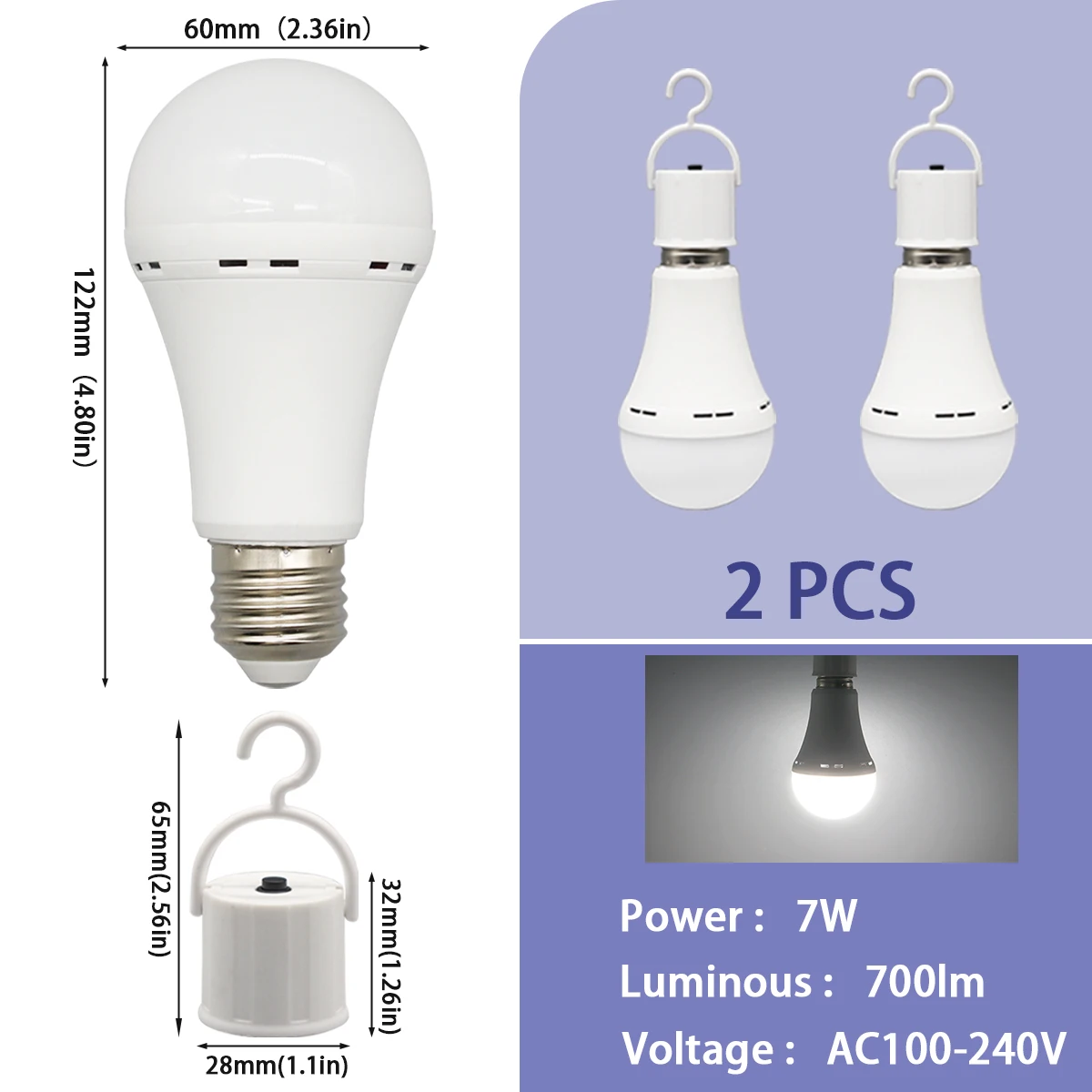 Bombillas Led De Emergencia (2 X 7w), Luz Fría, E27, 1500mah, Para Acampada Y Pesca Al Aire Libre.