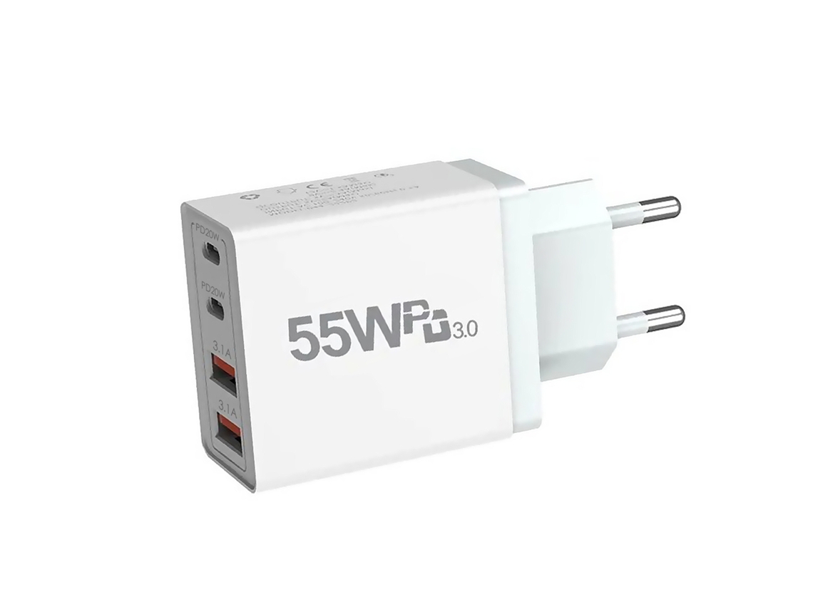 Cargador Usb 55w Pd3.0 Con 2 Puertos Usb 3.1a + 2 Puertos Usb-c Pd20w.