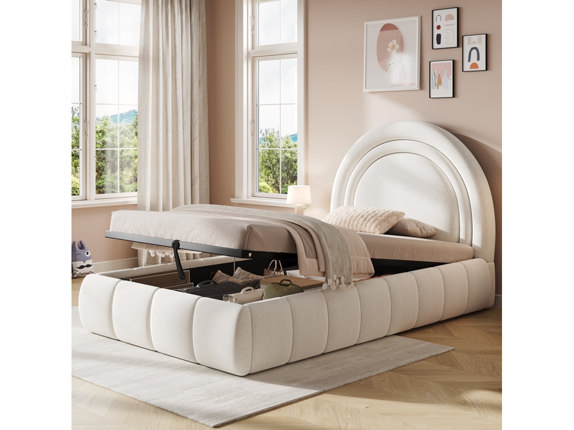 Cama infantil tapizada de 90 × 200 cm, canapé hidráulico, somier de láminas, cabecero acolchado, amplio espacio de almacenamiento, terciopelo, beige