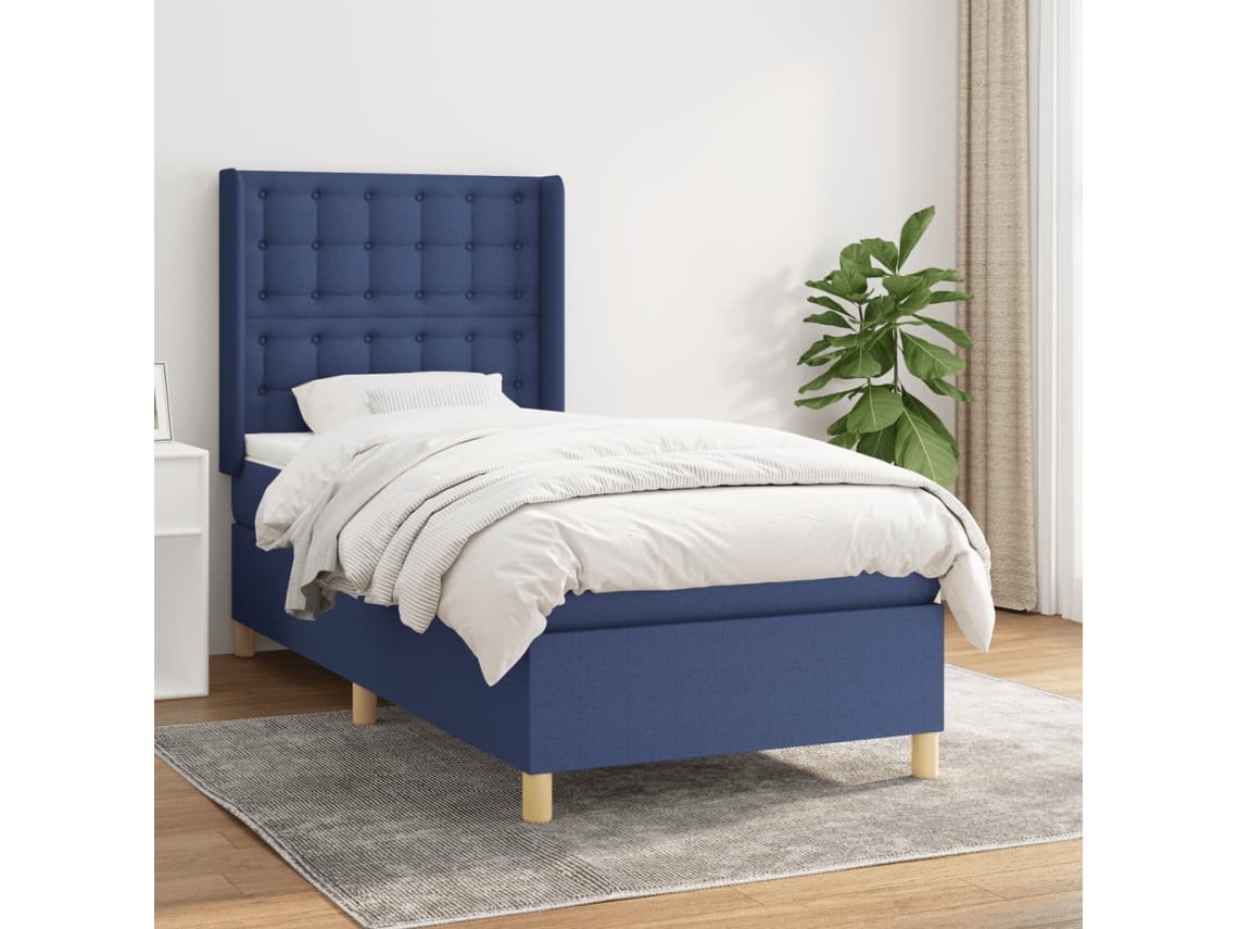 Cama Box Spring Con Colchón Tela Azul 90x200 Cm