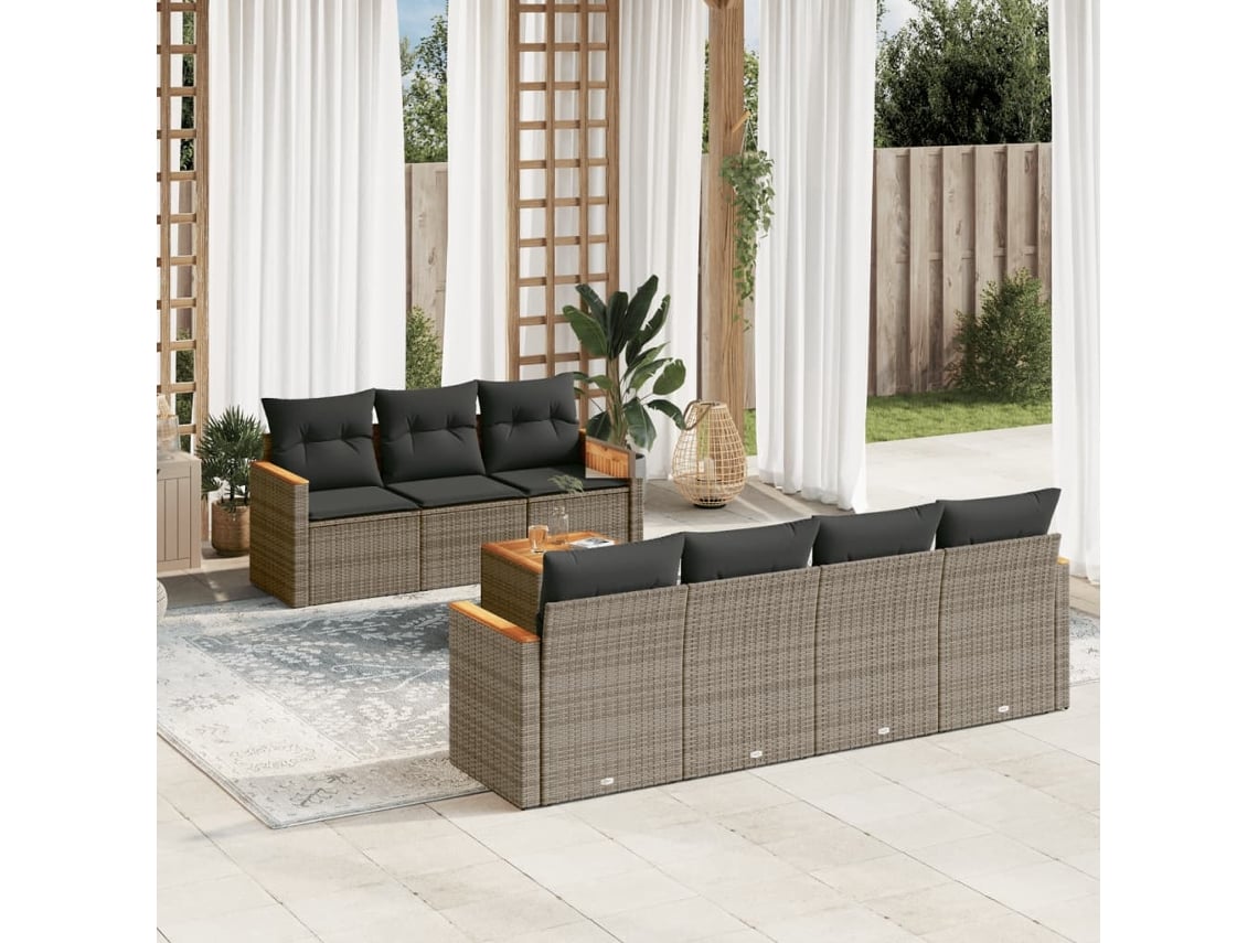 Conjunto de sofá de jardín de 8 piezas con cojines, ratán gris, DKD Home Decor