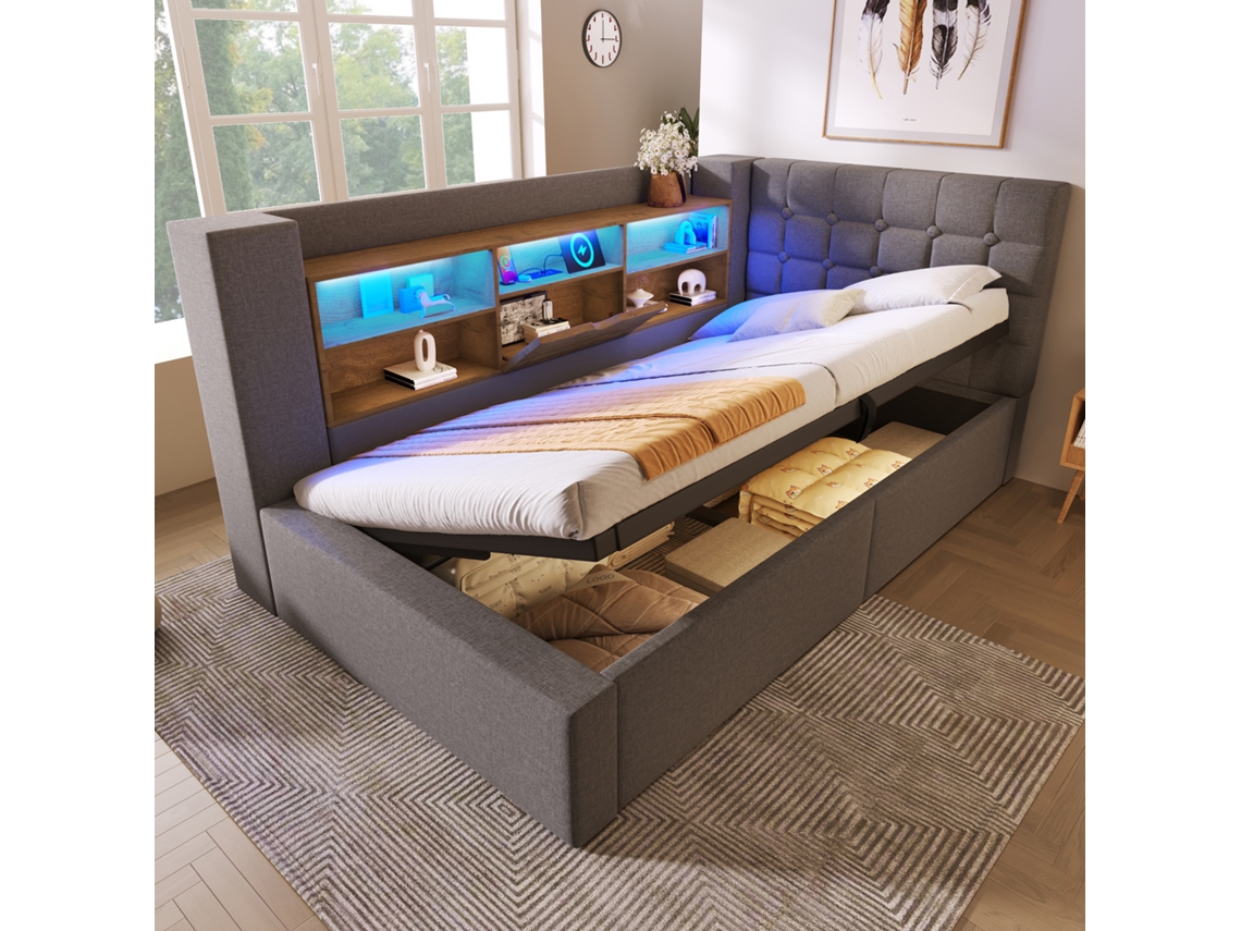 Cama Individual 90x200 - Led, Almacenamiento Hidráulico, Cabecero L, Montable Ambos Lados - Gris