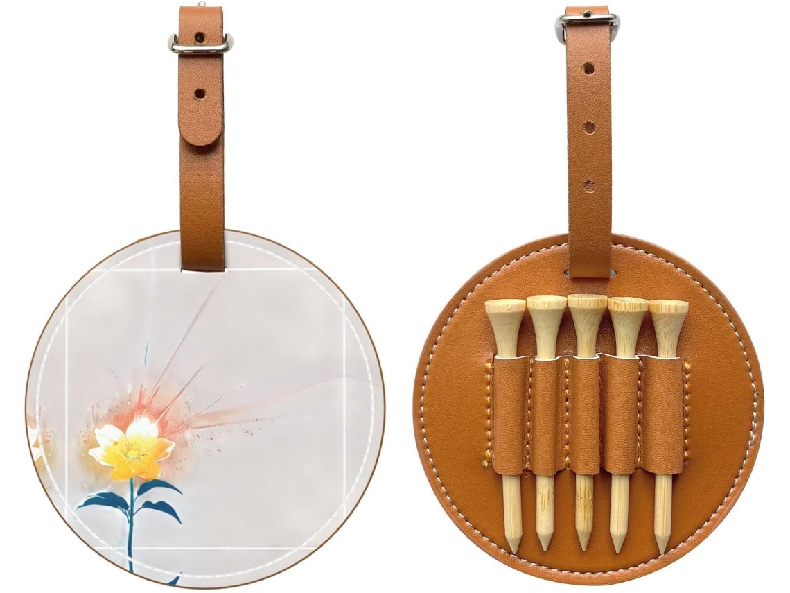 Bolsa negra para guardar tees de golf con una bonita flor amarilla. Fácil de transportar y más práctica para guardar.
