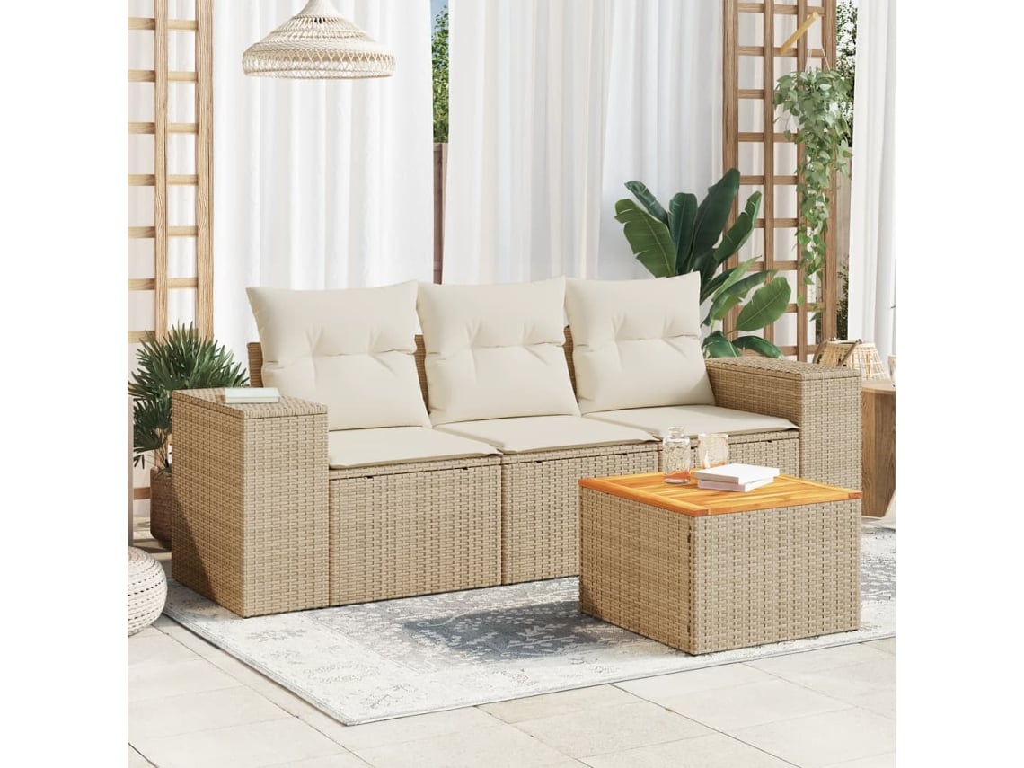 Conjunto de sofá de jardín de 4 piezas con cojines de mimbre beige DKD Home Decor