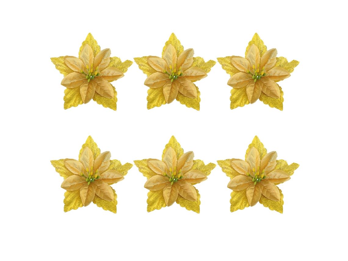 6 Flores Navideñas Amarillas Con Purpurina, Decorativas Para Fiestas, Bodas Y Accesorios Navideños.