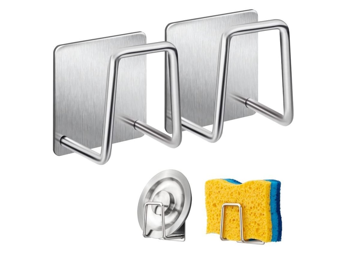 Soporte adhesivo para esponja de acero inoxidable 304 con gancho para fregadero, paquete de 2 unidades, color plata.