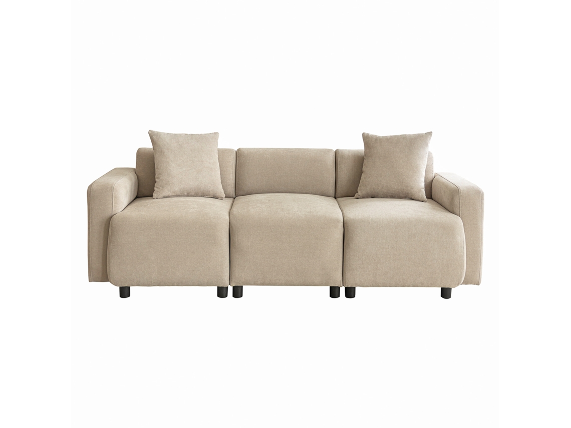 Sofá de 3 plazas en tejido chenilla con 2 cojines, capacidad para 211 cm, beige Mobrio