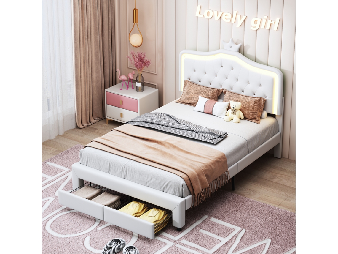 Cama Infantil Tapizada, 140x200 Cm, Con Cabecero De Corona De Princesa E Iluminación Led, Cama Individual Con 2 Cajones, Pu Blanco.