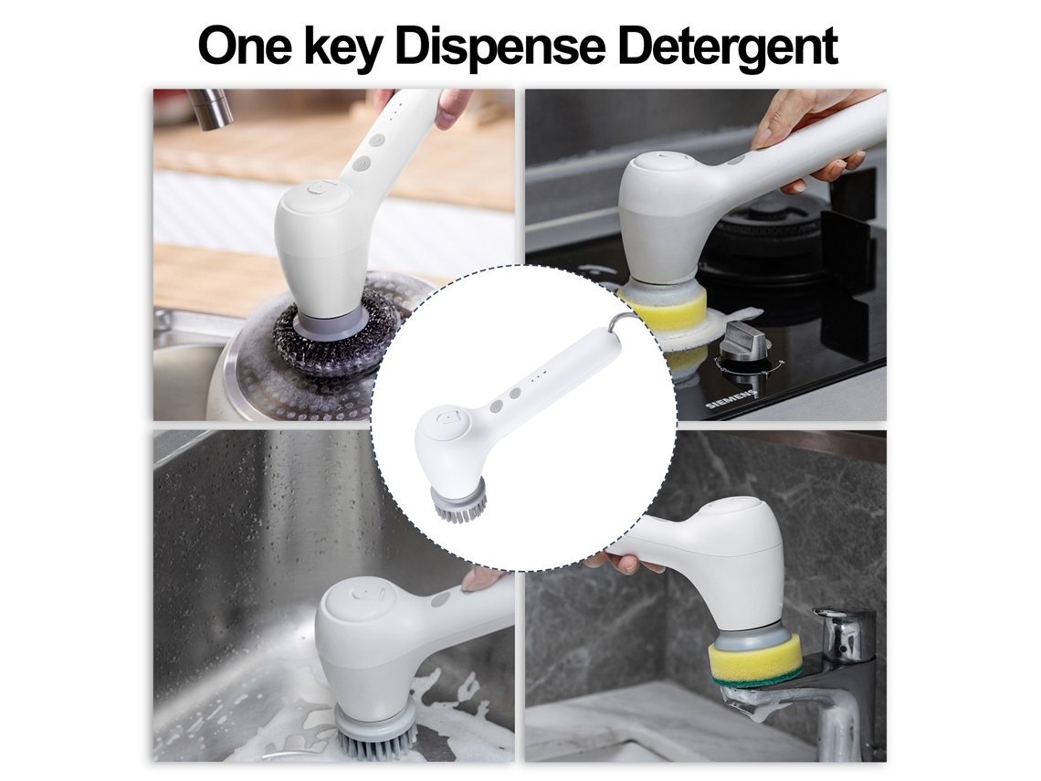 Fregadora eléctrica inalámbrica Aoresac, fregadora portátil de mano con dispensador automático de detergente y 5 cabezales de cepillo de limpieza.