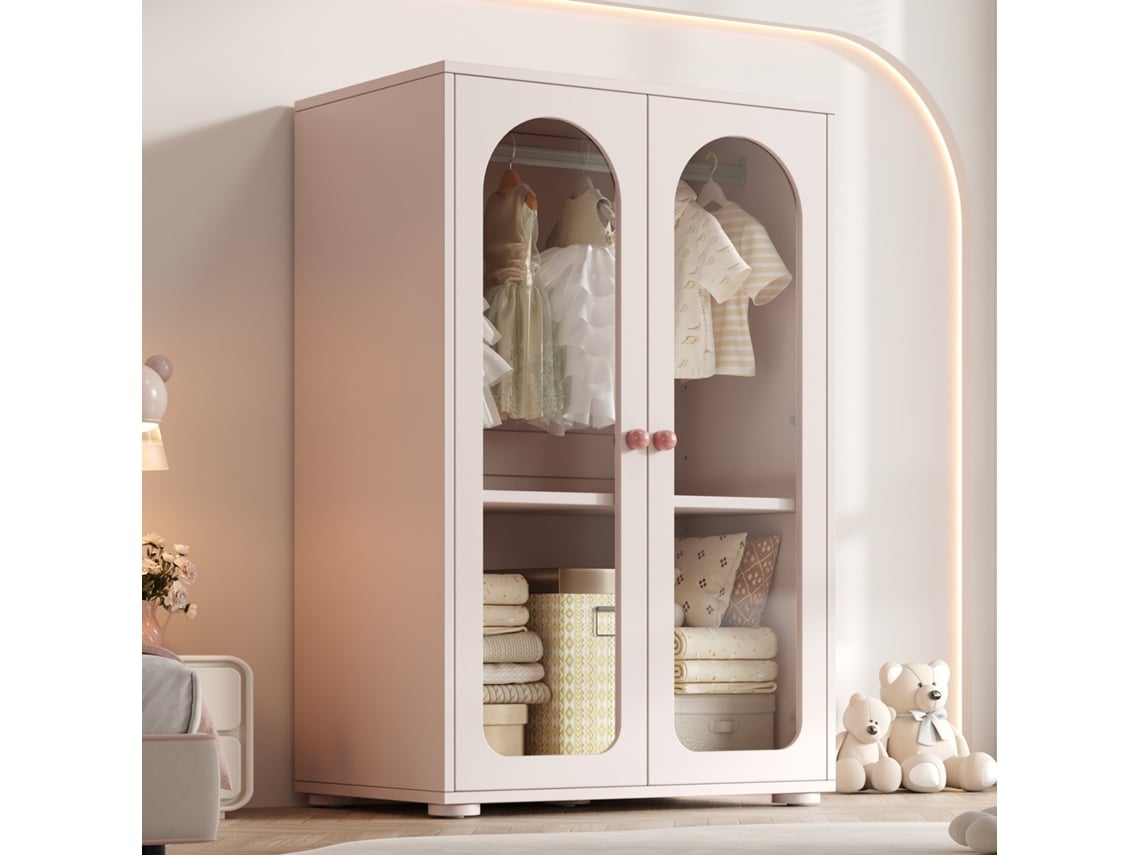 Armario de 2 puertas 80×50×120 cm - Armario lacado con barra para colgar ropa, puertas de acrílico transparente, tiradores de cerámica - Rosa bebé