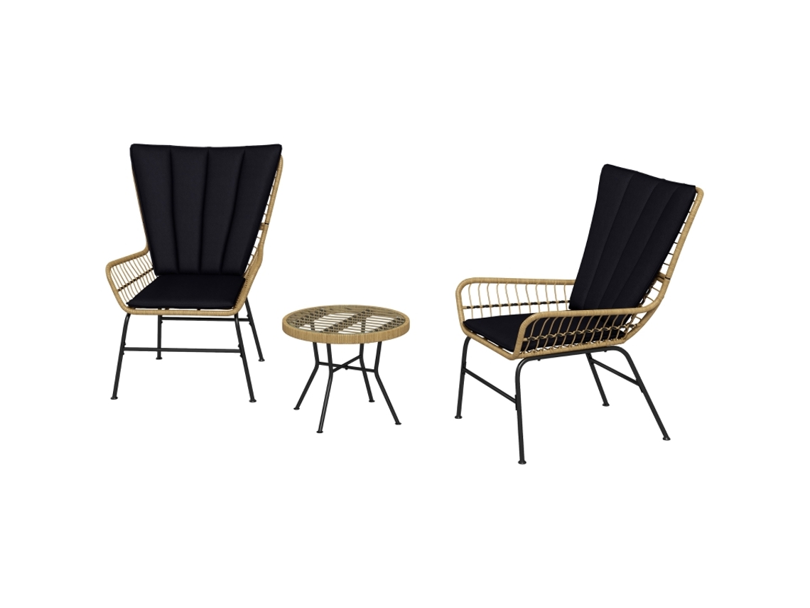 Conjunto De Asientos De Ratán, 3 Piezas, Muebles De Jardín Con 2 Sillas + Mesa Auxiliar, Tablero De Cristal, Incluye Cojines.